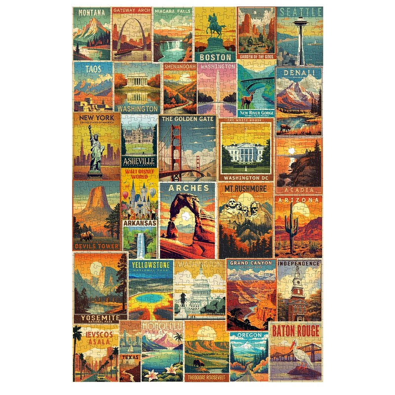 PPuzzling Vintage United States Travel Puzzles for Adults 1000 Pieces American Landscape Collage Jigsaw Puzzle Including 35 Landmarks PostersRetro Nature Scenic Puzzle Yosemite National Park Statue of Liberty - Image 3