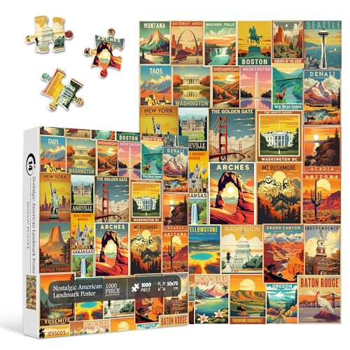 PPuzzling Vintage United States Travel Puzzles for Adults 1000 Pieces American Landscape Collage Jigsaw Puzzle Including 35 Landmarks PostersRetro Nature Scenic Puzzle Yosemite National Park Statue of Liberty - Image 5