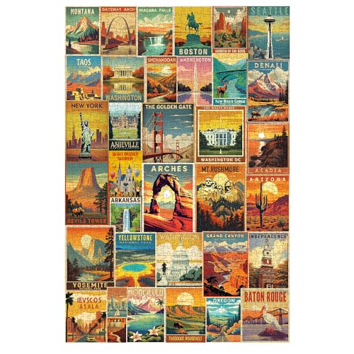 PPuzzling Vintage United States Travel Puzzles for Adults 1000 Pieces American Landscape Collage Jigsaw Puzzle Including 35 Landmarks PostersRetro Nature Scenic Puzzle Yosemite National Park Statue of Liberty - Image 1