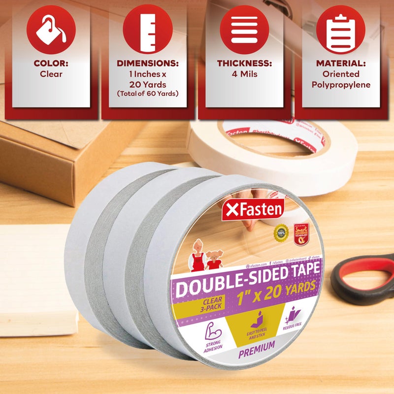 XFasten Double Sided Tape Clear, Removable, 1-Inch by 20-Yards, Pack of 3 Ideal as a Gift Wrap Tape, Holding Carpets, and Woodworking - Image 3