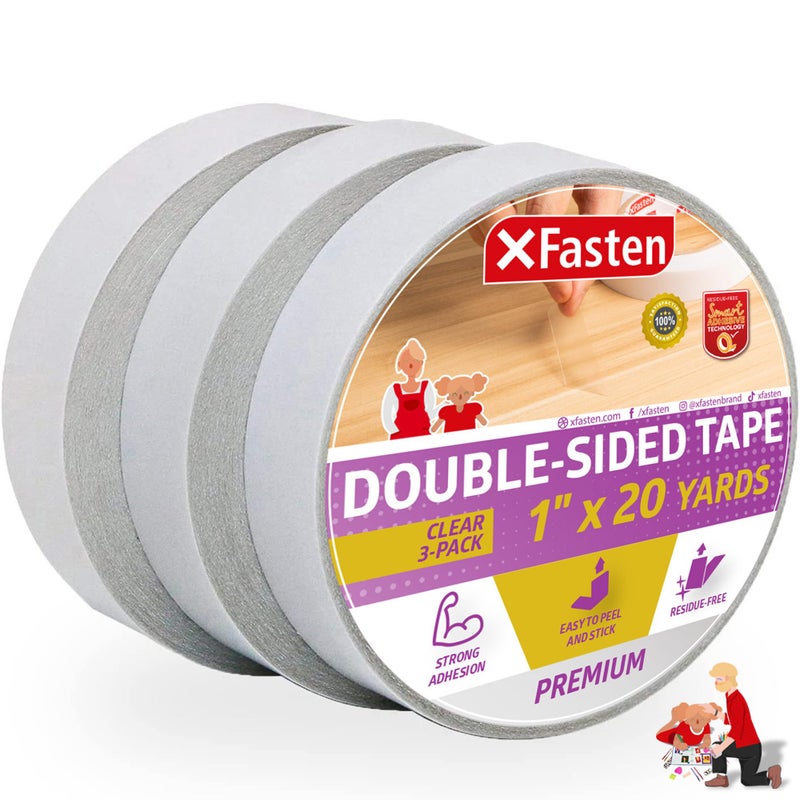 XFasten Double Sided Tape Clear, Removable, 1-Inch by 20-Yards, Pack of 3 Ideal as a Gift Wrap Tape, Holding Carpets, and Woodworking - Image 1