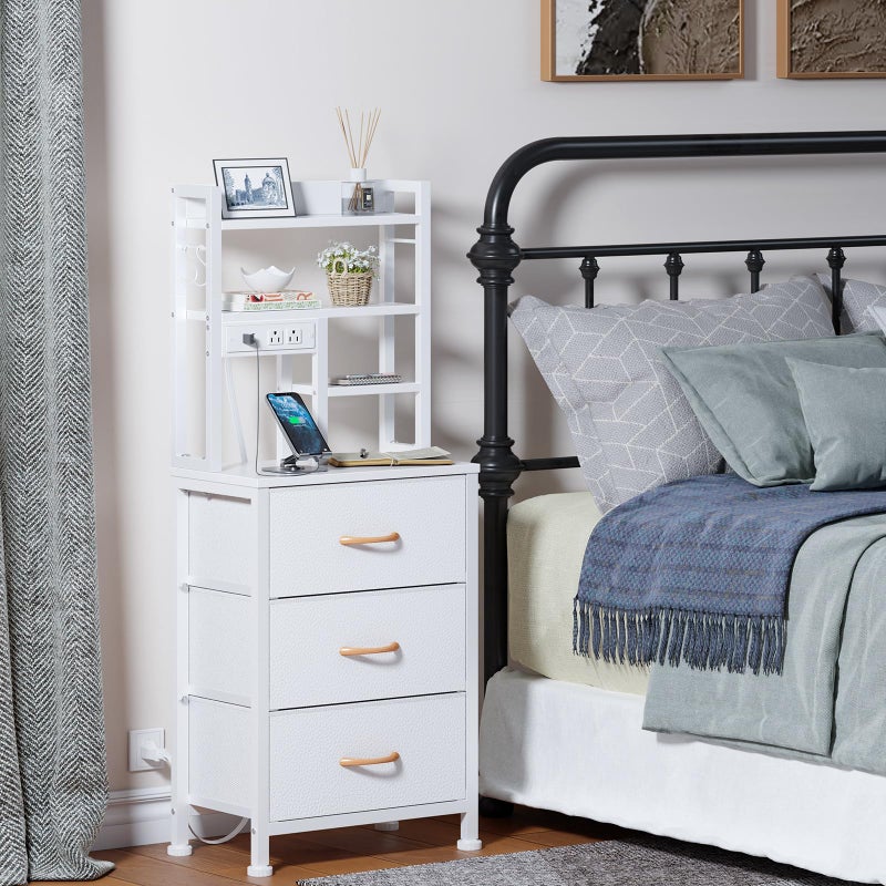 Furnulem Tall Nightstand with LED Lights and 3 Tier Shelves, Night Stand with 3 Fabric Drawers, 45.3inch Tall Bedside Tables with USB Ports and Outlets in Bedroom, Dorm, Office (White) - Image 4