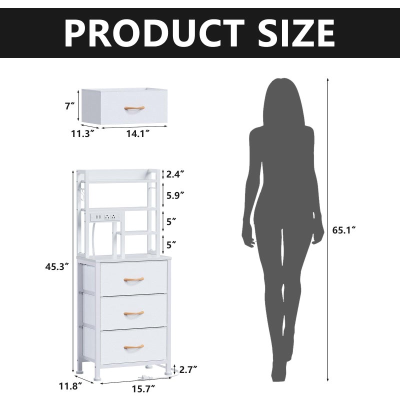 Furnulem Tall Nightstand with LED Lights and 3 Tier Shelves, Night Stand with 3 Fabric Drawers, 45.3inch Tall Bedside Tables with USB Ports and Outlets in Bedroom, Dorm, Office (White) - Image 2