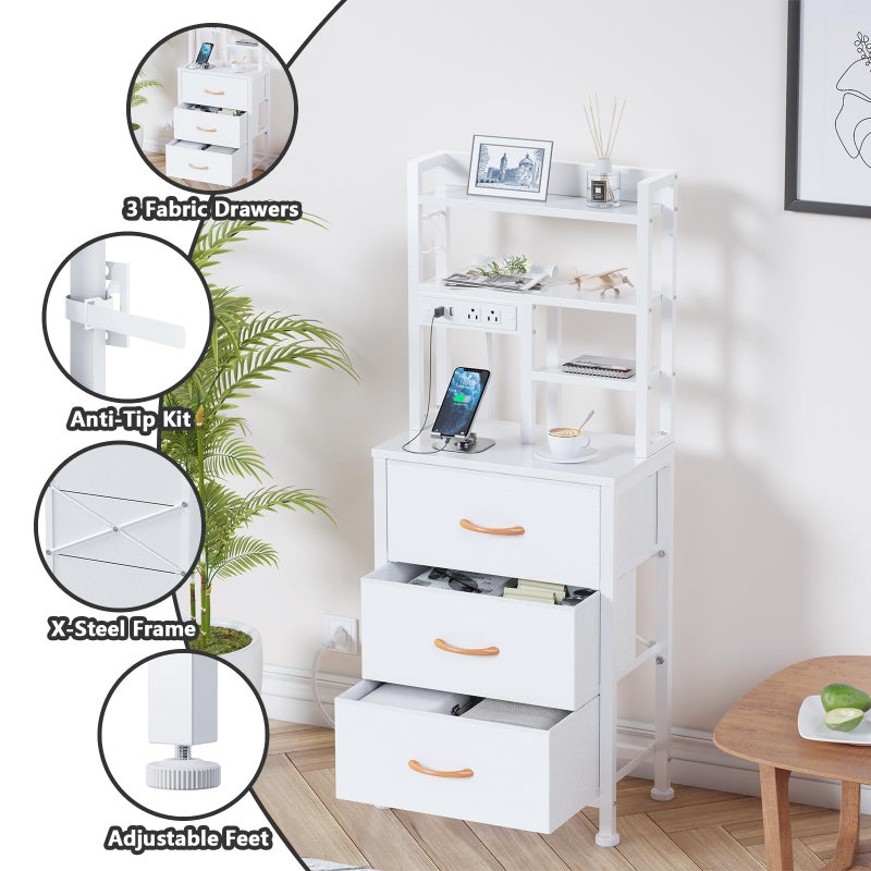 Furnulem Tall Nightstand with LED Lights and 3 Tier Shelves, Night Stand with 3 Fabric Drawers, 45.3inch Tall Bedside Tables with USB Ports and Outlets in Bedroom, Dorm, Office (White) - Image 5