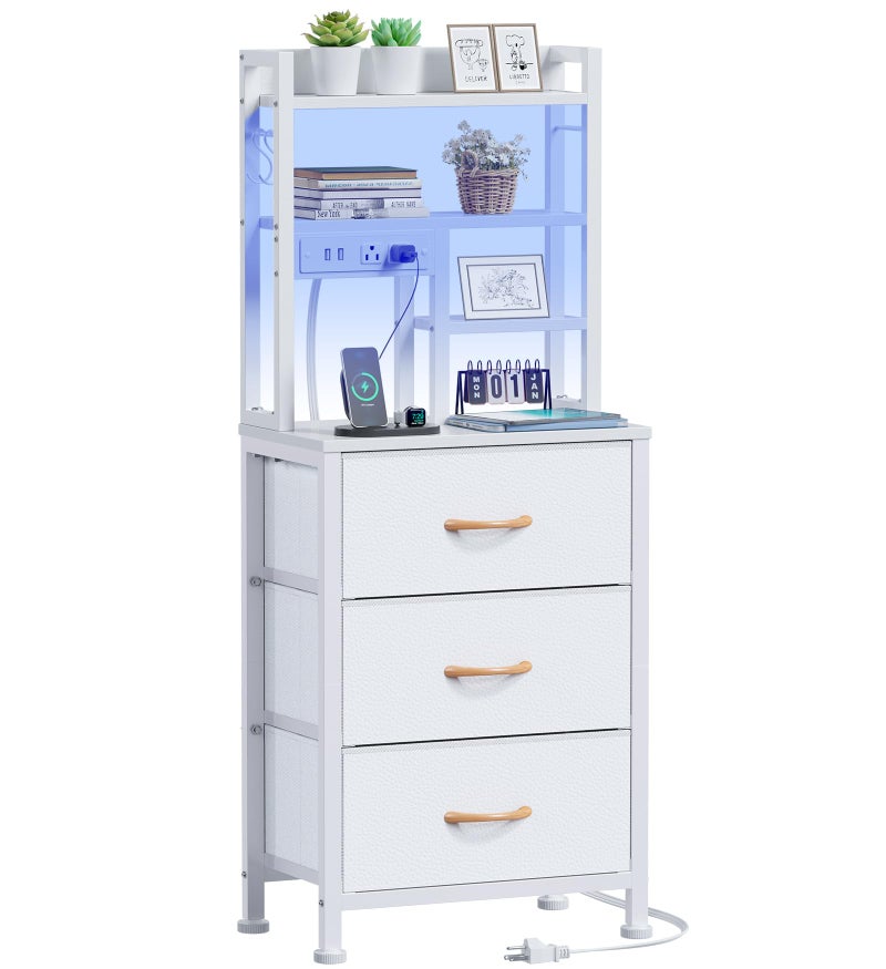 Furnulem Tall Nightstand with LED Lights and 3 Tier Shelves, Night Stand with 3 Fabric Drawers, 45.3inch Tall Bedside Tables with USB Ports and Outlets in Bedroom, Dorm, Office (White) - Image 1