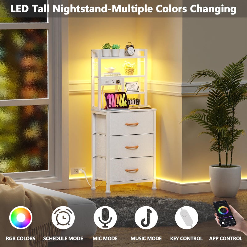 Furnulem Tall Nightstand with LED Lights and 3 Tier Shelves, Night Stand with 3 Fabric Drawers, 45.3inch Tall Bedside Tables with USB Ports and Outlets in Bedroom, Dorm, Office (White) - Image 3