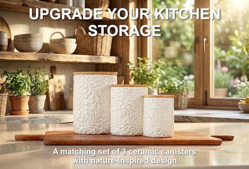 25DOL Engraved Design Kitchen Canisters Set of 3 with 74 Oz 36 Oz and 18 Oz White Storage Jars for Countertop with Airtight Bamboo Lids Large Flour Tea Coffee Sugar Spices Container Decorative - Image 3