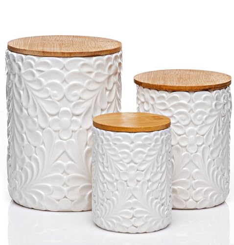 25DOL Engraved Design Kitchen Canisters Set of 3 with 74 Oz 36 Oz and 18 Oz White Storage Jars for Countertop with Airtight Bamboo Lids Large Flour Tea Coffee Sugar Spices Container Decorative - Image 1