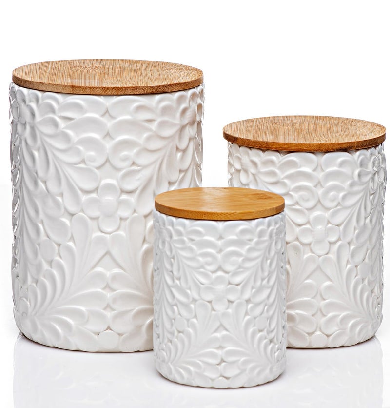 25DOL Engraved Design Kitchen Canisters Set of 3 with 74 Oz 36 Oz and 18 Oz White Storage Jars for Countertop with Airtight Bamboo Lids Large Flour Tea Coffee Sugar Spices Container Decorative - Image 2