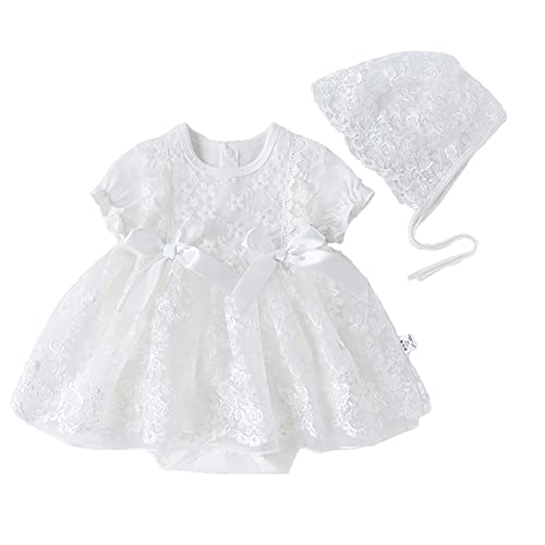 IBAKOM NewBorn Infant Baby Girl Fall Winter Dress Toddler Easter Birthday Outfits Long Sleeve Christening Baptism Tulle Tutu Dresses with Bonnet Flower Girl Wedding Prom Dress White Bow 0-3 Months - Image 1