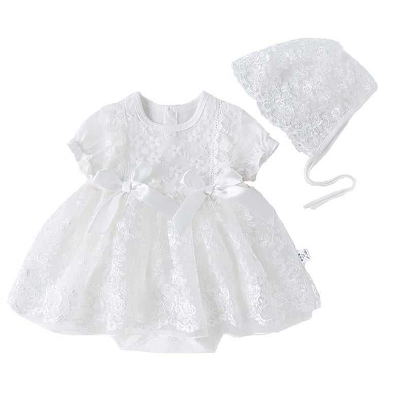 IBAKOM NewBorn Infant Baby Girl Fall Winter Dress Toddler Easter Birthday Outfits Long Sleeve Christening Baptism Tulle Tutu Dresses with Bonnet Flower Girl Wedding Prom Dress White Bow 0-3 Months - Image 3