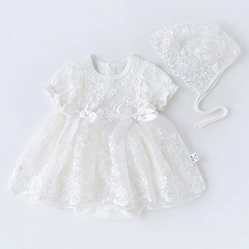 IBAKOM NewBorn Infant Baby Girl Fall Winter Dress Toddler Easter Birthday Outfits Long Sleeve Christening Baptism Tulle Tutu Dresses with Bonnet Flower Girl Wedding Prom Dress White Bow 0-3 Months - Image 2