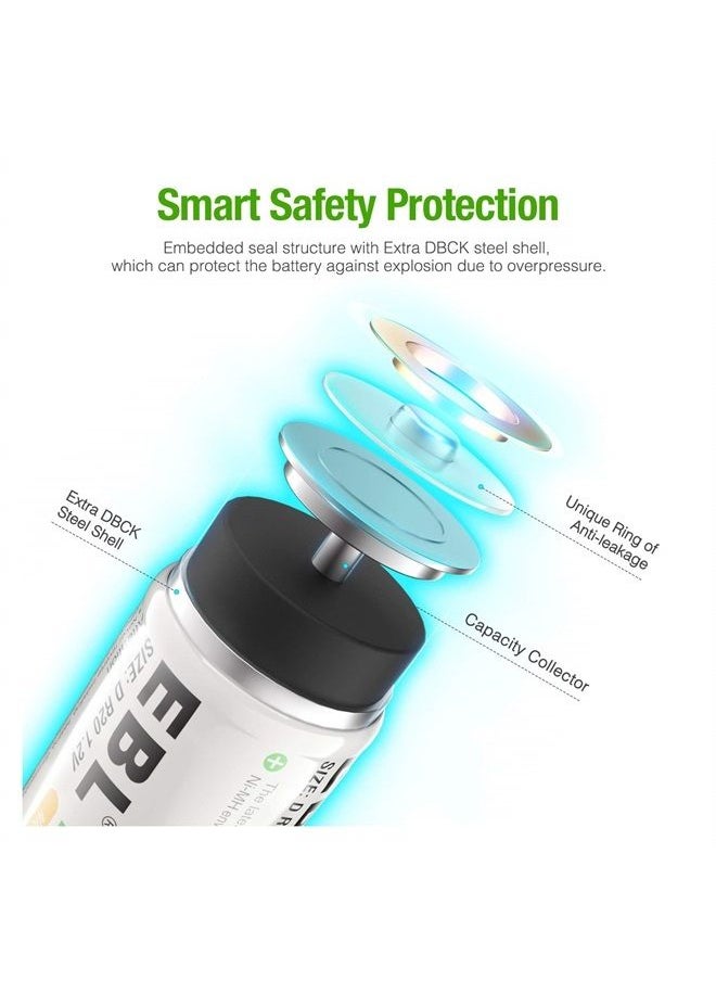 D Battery D Size Rechargeable Batteries 10,000mAh Ni-MH, Pack of 6 - ProCyco Technology