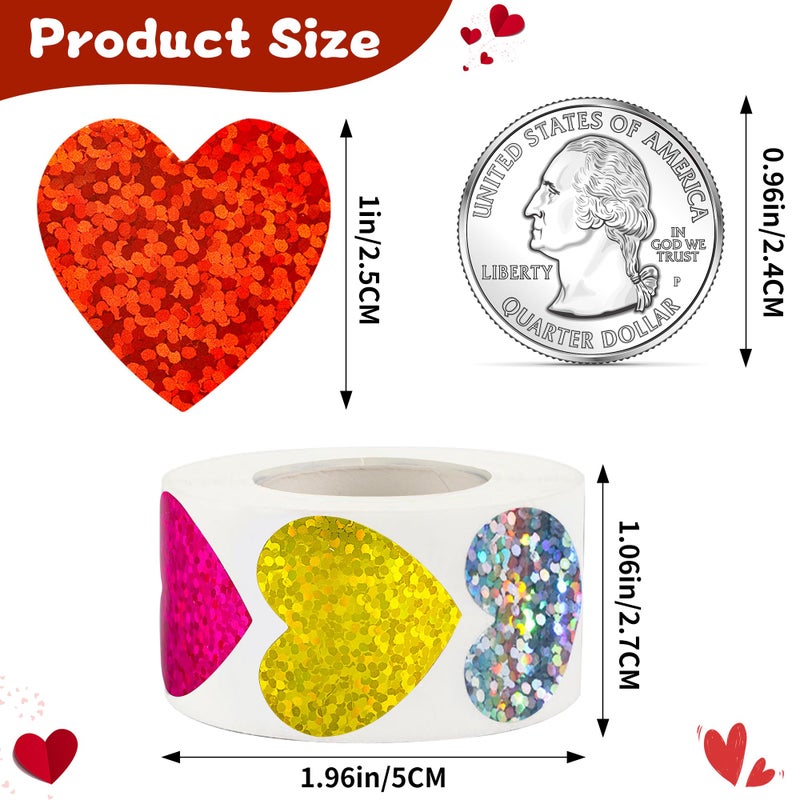 ZYLOP 1 Inch Glitter Heart Stickers - 500Pcs Foil Colorful Heart Shaped Stickers Roll for Kids Reward Classroom Supplies Self Adhesive Love Incentive Sticker for Envelope Seal Valentines Birthday Wedding - Image 2