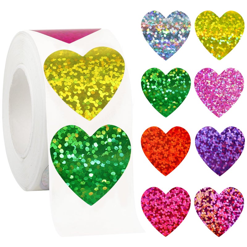 ZYLOP 1 Inch Glitter Heart Stickers - 500Pcs Foil Colorful Heart Shaped Stickers Roll for Kids Reward Classroom Supplies Self Adhesive Love Incentive Sticker for Envelope Seal Valentines Birthday Wedding - Image 1