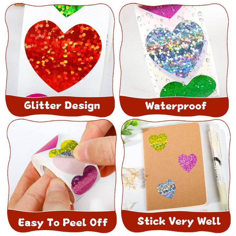 ZYLOP 1 Inch Glitter Heart Stickers - 500Pcs Foil Colorful Heart Shaped Stickers Roll for Kids Reward Classroom Supplies Self Adhesive Love Incentive Sticker for Envelope Seal Valentines Birthday Wedding - Image 3