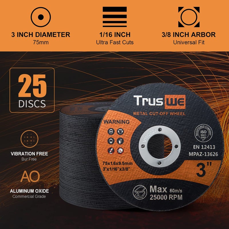Truswe Cut Off Wheels 3 inch 25 Pack - 3” x 1/16” x 3/8” Cut Off Wheel for Metal Stainless Steel Cutting Disc for Angle Grinder Cut-Off Wheel - Image 2