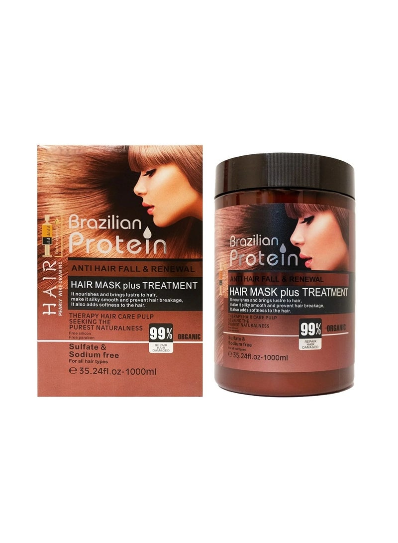 Brazilian Protein Anti Hair Fall & Renewal 99% Hair Mask & Treatment 1000ml – Professional Deep Repair & Smooth Therapy | Sulfate & Sodium Free Formula for Frizz-Free, Strong & Silky Hair - Image 1