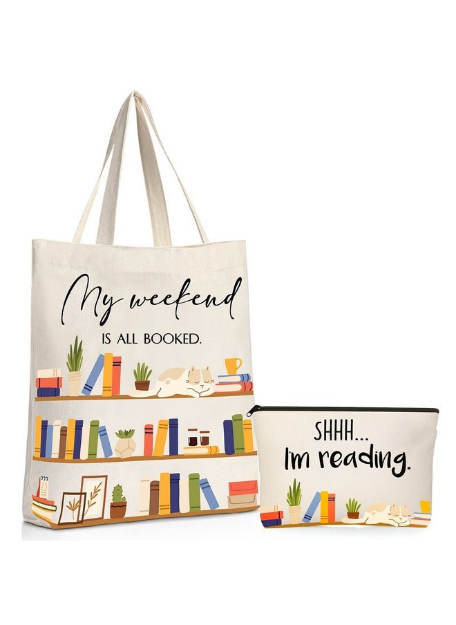 Sieral Sieral 2 Pcs Book Lovers Gifts Bookshelf Tote Bag Makeup Reading Canvas Bag Reusable Book Tote Bag Cosmetic Pencil Cases School Bag Gift with Metal Zipper Bookish Librarian Gifts for Women Teacher  - Image 1