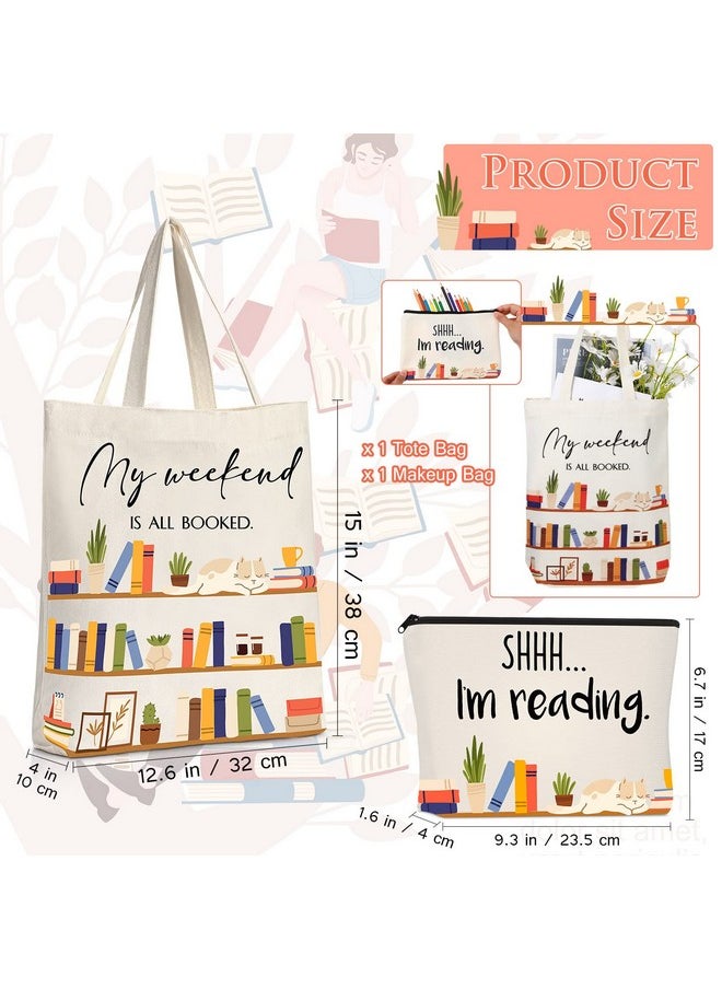 Sieral Sieral 2 Pcs Book Lovers Gifts Bookshelf Tote Bag Makeup Reading Canvas Bag Reusable Book Tote Bag Cosmetic Pencil Cases School Bag Gift with Metal Zipper Bookish Librarian Gifts for Women Teacher  - Image 2
