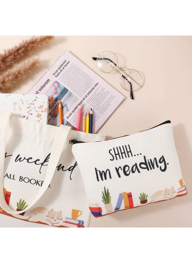 Sieral Sieral 2 Pcs Book Lovers Gifts Bookshelf Tote Bag Makeup Reading Canvas Bag Reusable Book Tote Bag Cosmetic Pencil Cases School Bag Gift with Metal Zipper Bookish Librarian Gifts for Women Teacher  - Image 3