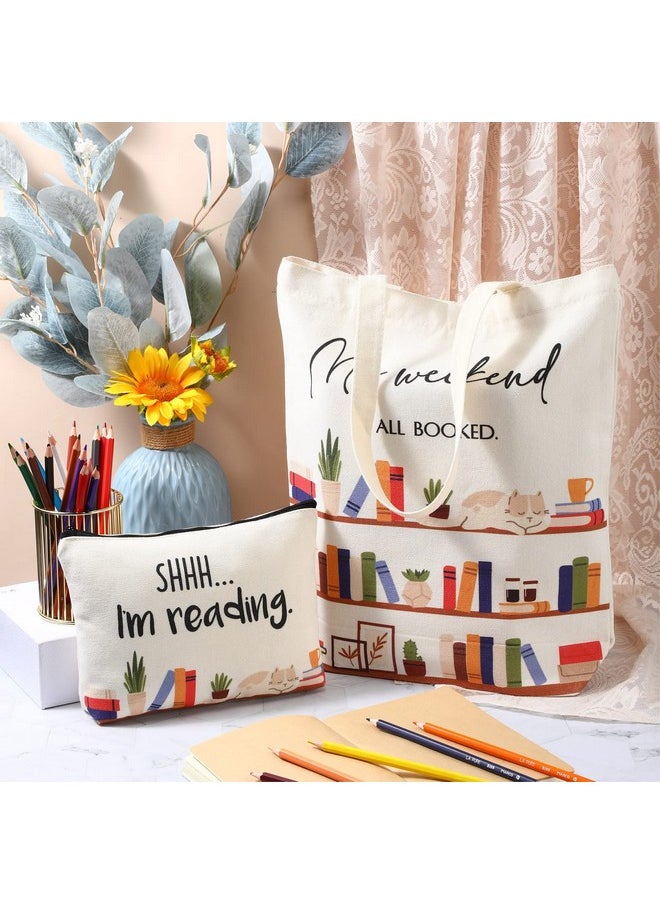 Sieral Sieral 2 Pcs Book Lovers Gifts Bookshelf Tote Bag Makeup Reading Canvas Bag Reusable Book Tote Bag Cosmetic Pencil Cases School Bag Gift with Metal Zipper Bookish Librarian Gifts for Women Teacher  - Image 4