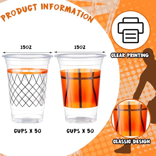 Layhit 100 Pcs Basketball Plastic Cups Bulk 15 oz Basketball Party Supplies Disposable Drinking Cups Ball Design for Birthday Party Dinnerware Decoration Events Family Dinner - Image 5