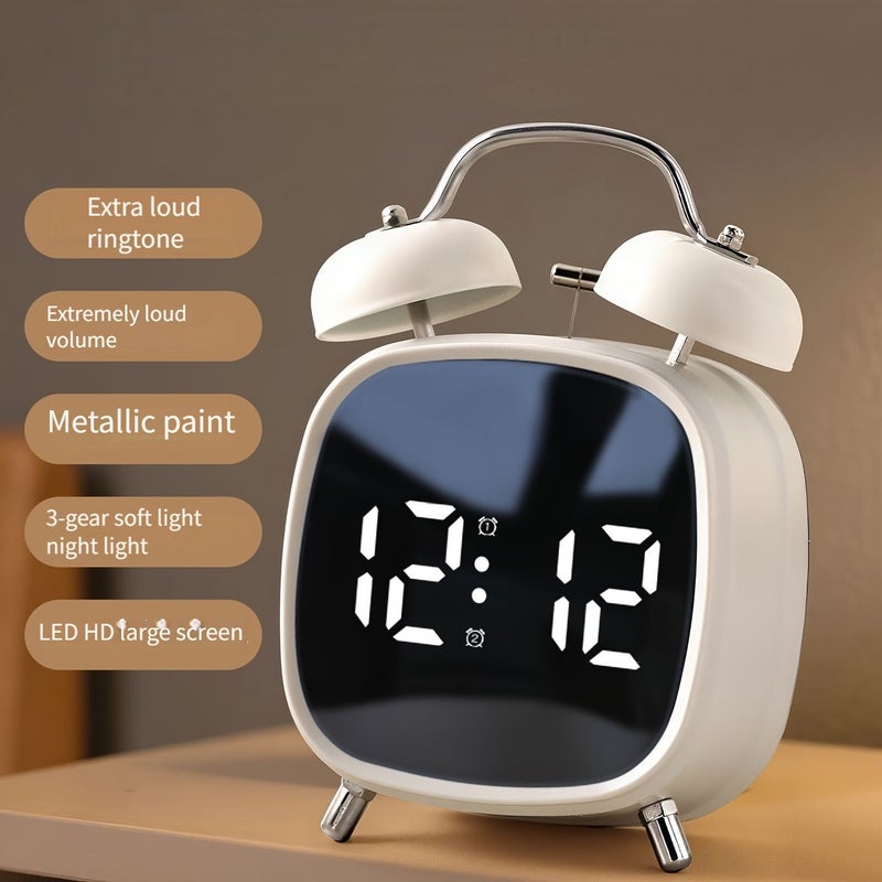 منبه رقمي مزدوج الجرس بتصميم قوقعة بيضاء، سطوع قابل للتعديل، يعمل بالطاقة USB، شاشة كبيرة - Image 1