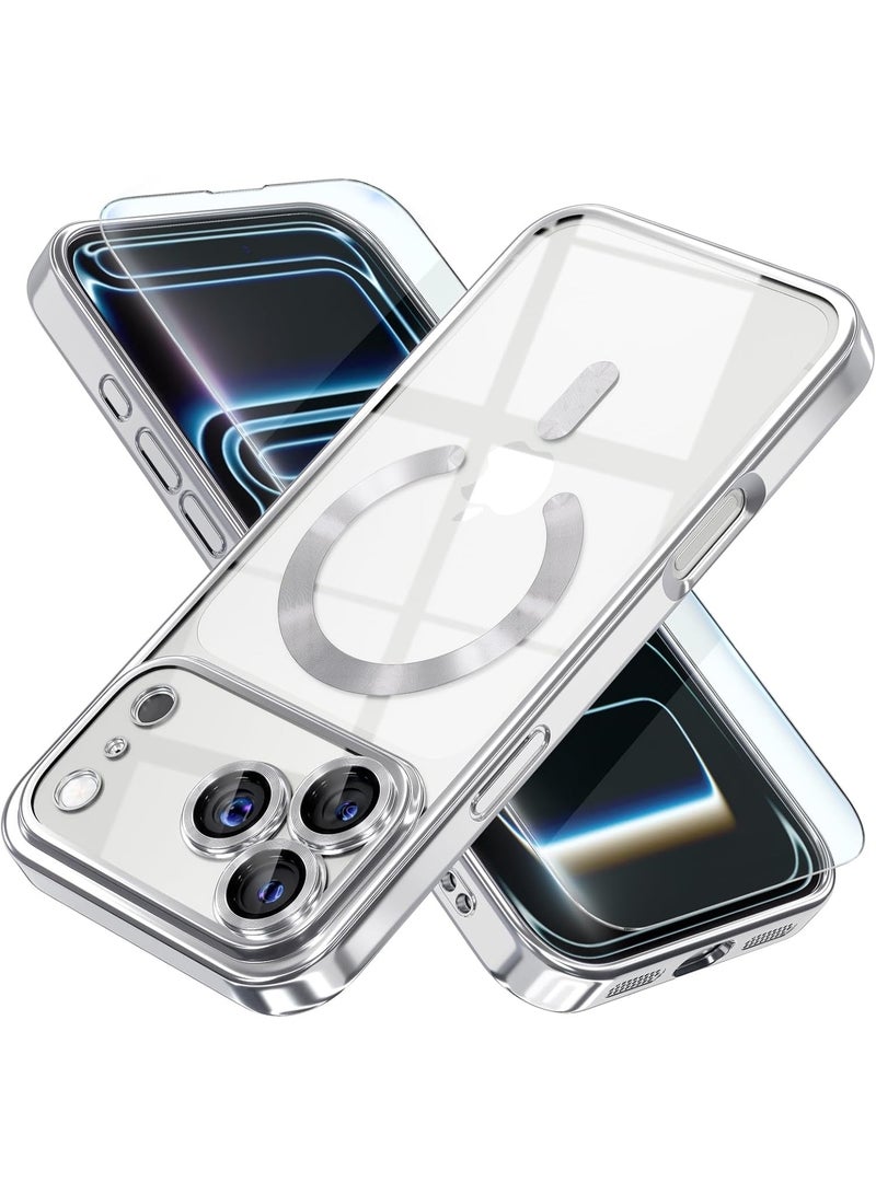 Magnetic Case for iPhone 17 Pro Compatible with MagSafe, [Anti-Yellowing] [Military-Grade Drop Protection] Full Camera Lens Protection, Plated Soft Flexible Transparent Phone Case for Women, Silver - Image 1