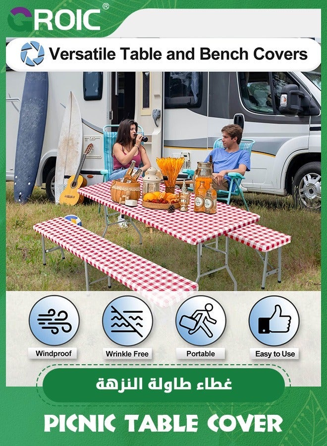 جرويك غطاء طاولة نزهة مع أغطية مقاعد خارجي، 3 قطع من الفينيل مقاوم للماء، تخييم، 72x30 بوصة - Image 4