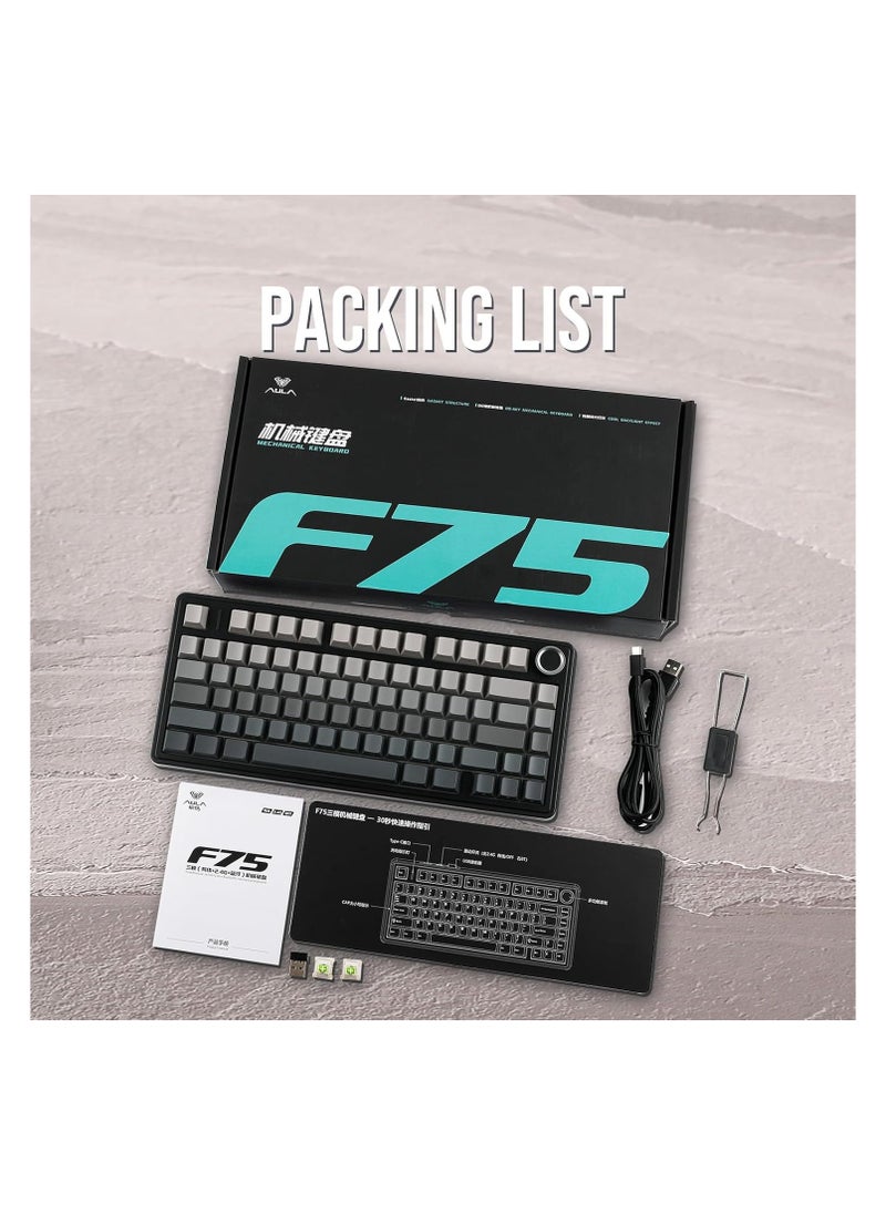 AULA F75 Gasket Mechanical Keyboard, 75% Wireless Hot Swappable Gaming Keyboard with Five-Layer Padding&Knob, Bluetooth/2.4GHz/USB-C, RGB (Black Gradient, LEOBOG Reaper Switch)