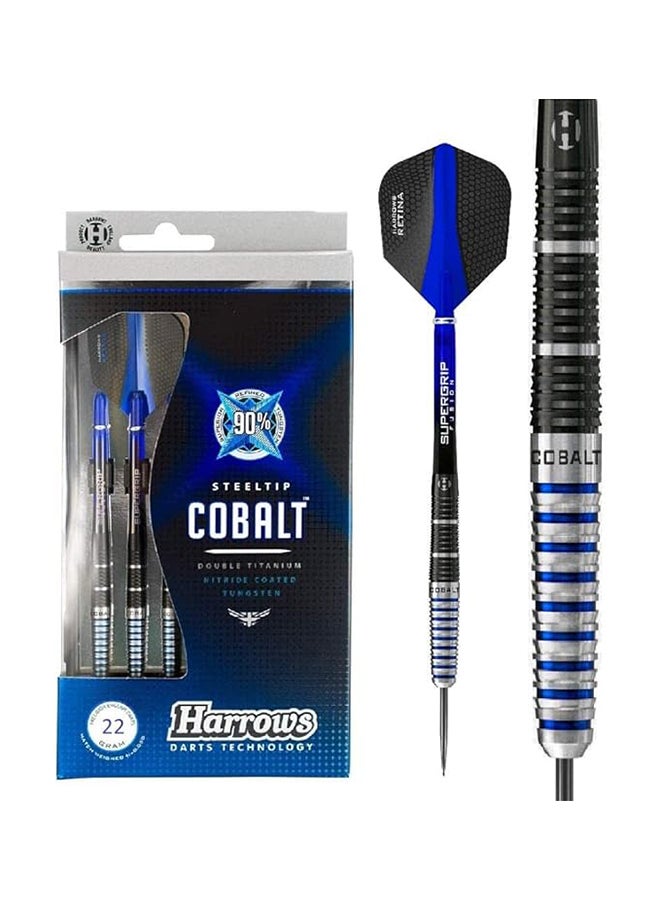 Harrows Cobalt Black -Blue 90% Tungsten Steel Tip Darts, 3 Supergrip Fusion Shafts, 3 Retina Flights (23g) - Image 1