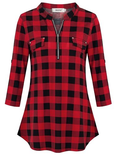 BEPEI 3/4 Sleeve Tops for Women,Happy New Year Eve 2025 Plaid Shirts Christmas V Neck Fall Trendy Work Dressy Blouses Ladies Gifts Cute Button up Tunics Business Casual Clothes Going Out,Black Red L - Image 2