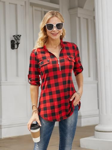 BEPEI 3/4 Sleeve Tops for Women,Happy New Year Eve 2025 Plaid Shirts Christmas V Neck Fall Trendy Work Dressy Blouses Ladies Gifts Cute Button up Tunics Business Casual Clothes Going Out,Black Red L - Image 4