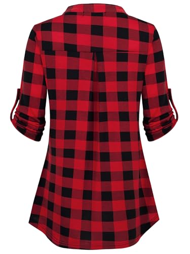 BEPEI 3/4 Sleeve Tops for Women,Happy New Year Eve 2025 Plaid Shirts Christmas V Neck Fall Trendy Work Dressy Blouses Ladies Gifts Cute Button up Tunics Business Casual Clothes Going Out,Black Red L - Image 3