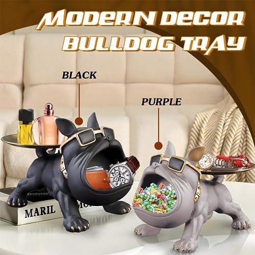 Huhote Resin French Bulldog Tray Statue, Bulldog Candy Dish Key Holder Bowl, French Bulldog Accessories, Statues for Office Desk Home Decor Figurines Entryway Table Decor (Black) - Image 2