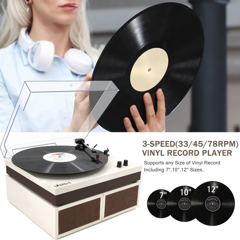 LP&No.1 Wireless Turntable with Stereo Bookshelf Speakers, Retro Record Player with Wireless Playback, 3 Speed Belt-Drive Vintage Turntable with Auto Off, Milk White - Image 3