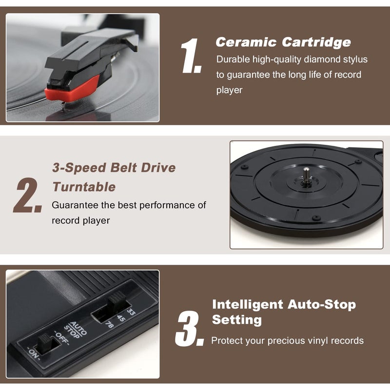 LP&No.1 Wireless Turntable with Stereo Bookshelf Speakers, Retro Record Player with Wireless Playback, 3 Speed Belt-Drive Vintage Turntable with Auto Off, Milk White - Image 4
