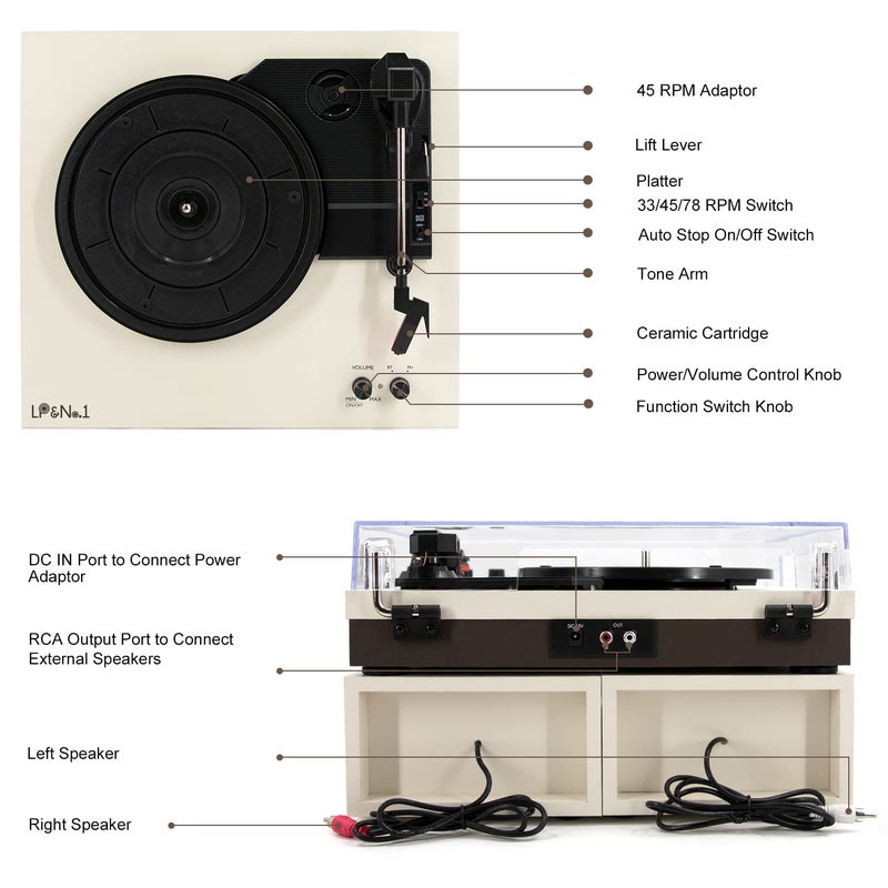 LP&No.1 Wireless Turntable with Stereo Bookshelf Speakers, Retro Record Player with Wireless Playback, 3 Speed Belt-Drive Vintage Turntable with Auto Off, Milk White - Image 2