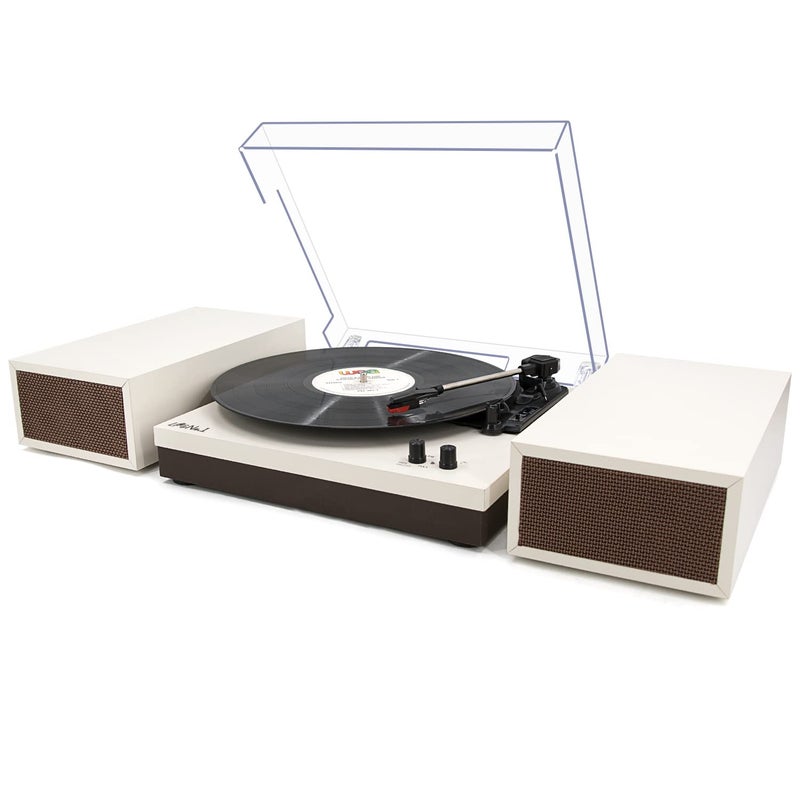 LP&No.1 Wireless Turntable with Stereo Bookshelf Speakers, Retro Record Player with Wireless Playback, 3 Speed Belt-Drive Vintage Turntable with Auto Off, Milk White - Image 1