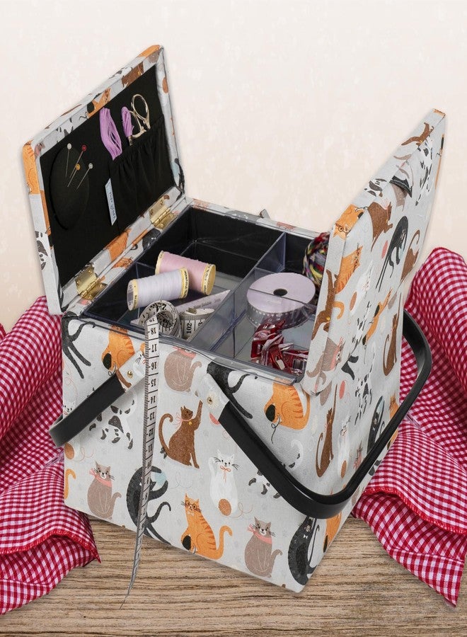 Hobby Gift صندوق تخزين كبير للخياطة بغطاء مزدوج، هدية مثالية لهواة الخياطة، مقاس 25×25×17 سم، بتصميم قطط. - Image 5