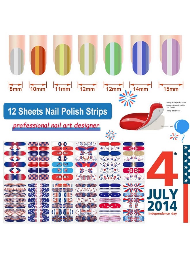 DANNEASY - 12 Sheets 4Th Of July Full Nail Wraps Independence Day Nail Polish Stickers Selfadhesive Nail Polish Strips Gel Fingernail Stickers For Women With Nail File Cuticle Stick - Image 1