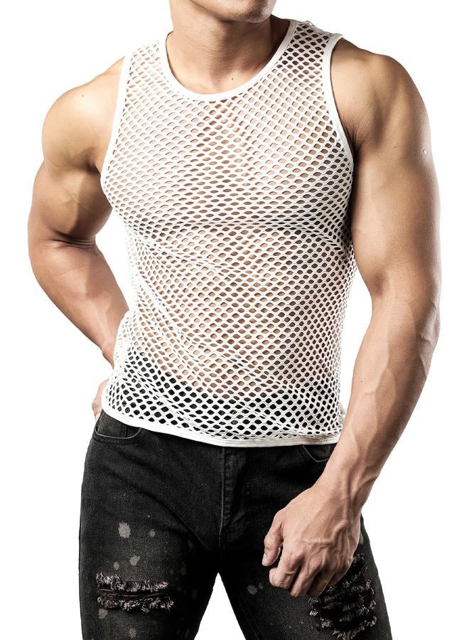 JOGAL Men's Mesh Fishnet Fitted Sleeveless Muscle Top, White, M - Image 5