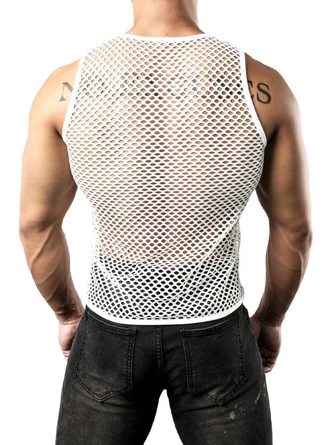 JOGAL Men's Mesh Fishnet Fitted Sleeveless Muscle Top, White, M - Image 3
