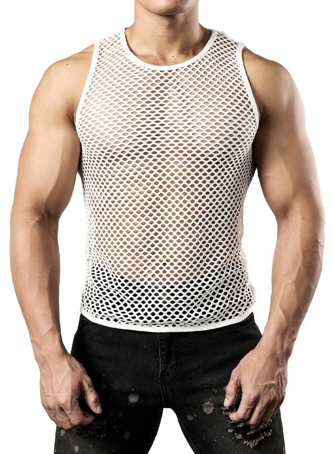 JOGAL Men's Mesh Fishnet Fitted Sleeveless Muscle Top, White, M - Image 2