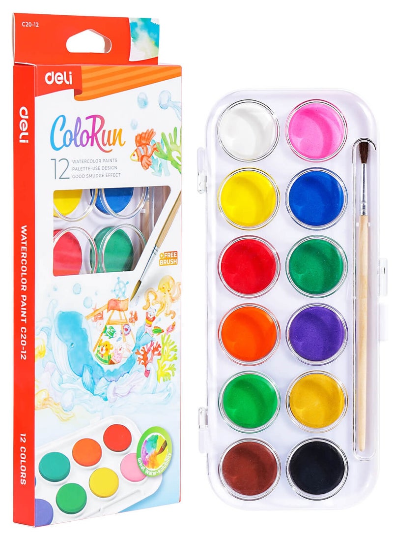 Deli 12-Colour Watercolour Paint With Brush - Image 1