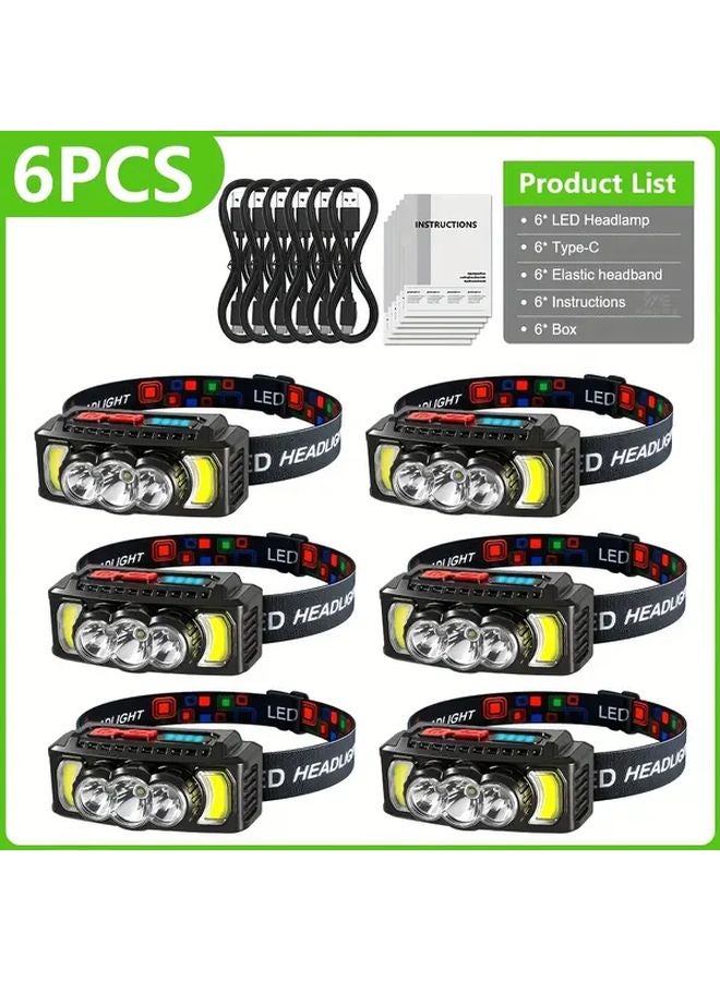 Black 6 Pcs 30W Super Bright LED Headlamp Rechargeable Head Torch 7 Modes 180 Rotatable - Image 1