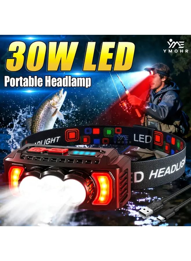 Black 6 Pcs 30W Super Bright LED Headlamp Rechargeable Head Torch 7 Modes 180 Rotatable - Image 2