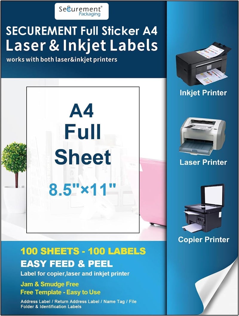 SECUREMENT ® Full Sticker Label A4 Sheets for FBA Shipment- Suitalble for All Printers (100, Sheets) - Image 1