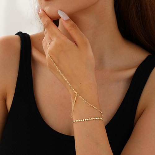 Moodear Trendy Gold Hand Chain Bracelet - Dainty Adjustable 14K Gold Plated Layered Dot Satellite Link Non Tarnish Ring Bracelets for Women Jewelry Gift - Image 4